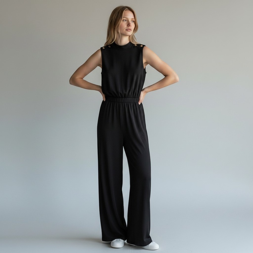 NWT enfocus Sleeveless Black Jumpsuit with Gold Button Detail